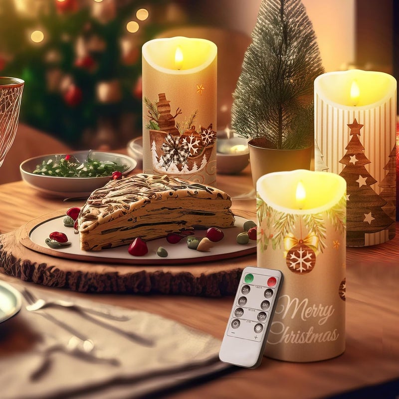 ROCEEI Store 3 Pcs Christmas Flameless Candles Winter Farmhouse Style Battery Operated LED Candles Christmas Rustic Pillar Flickering Real Wax Decorations for Indoor Table Decor Xmas Gifts Holiday Party - Image 5